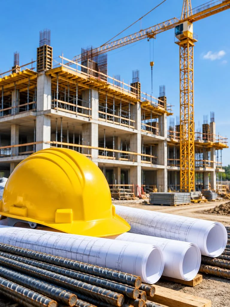 Construction site with safety helmet and building plans